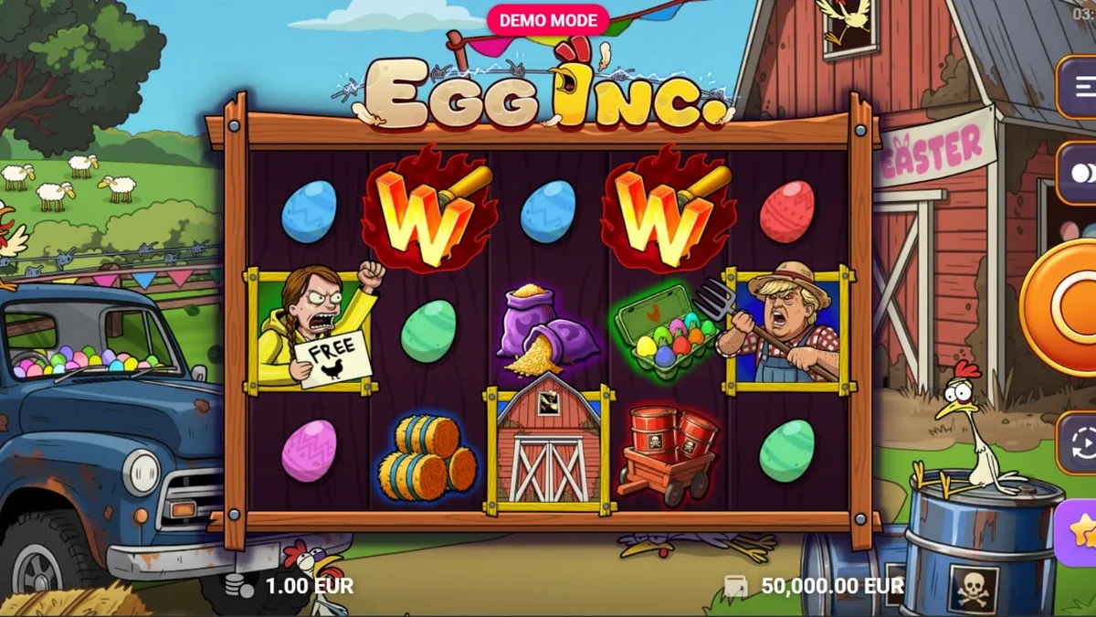 Tampilan visual slot Egg Inc. dengan tema peternakan yang penuh warna dan karakter kartun.