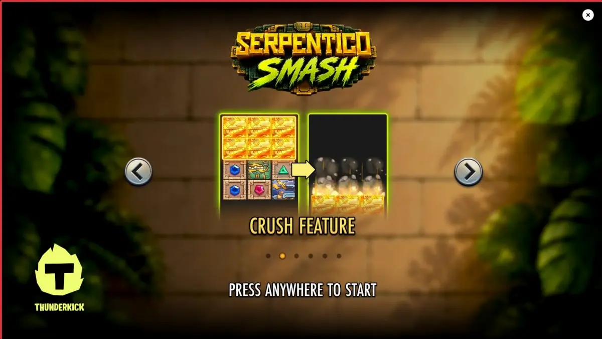 Tampilan visual slot Serpentico Smash dengan tema hutan Aztec dan simbol batu kuno.