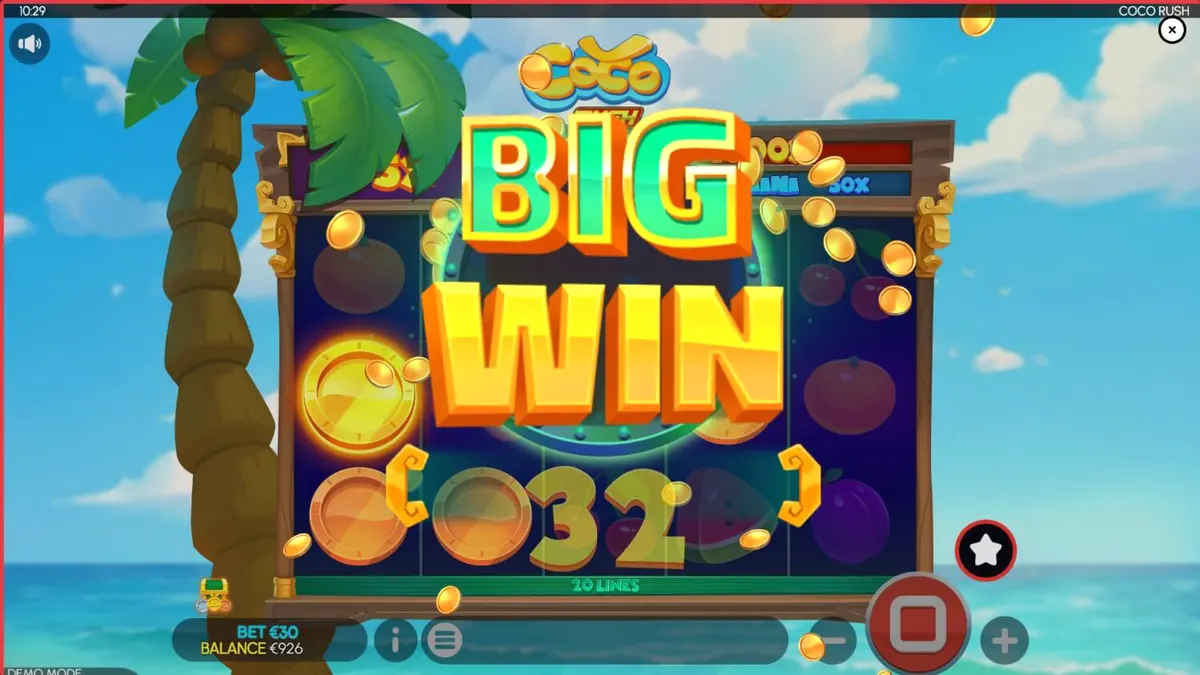 Tampilan visual slot Coco Rush dengan latar belakang pantai tropis dan simbol-simbol bertema harta karun.
