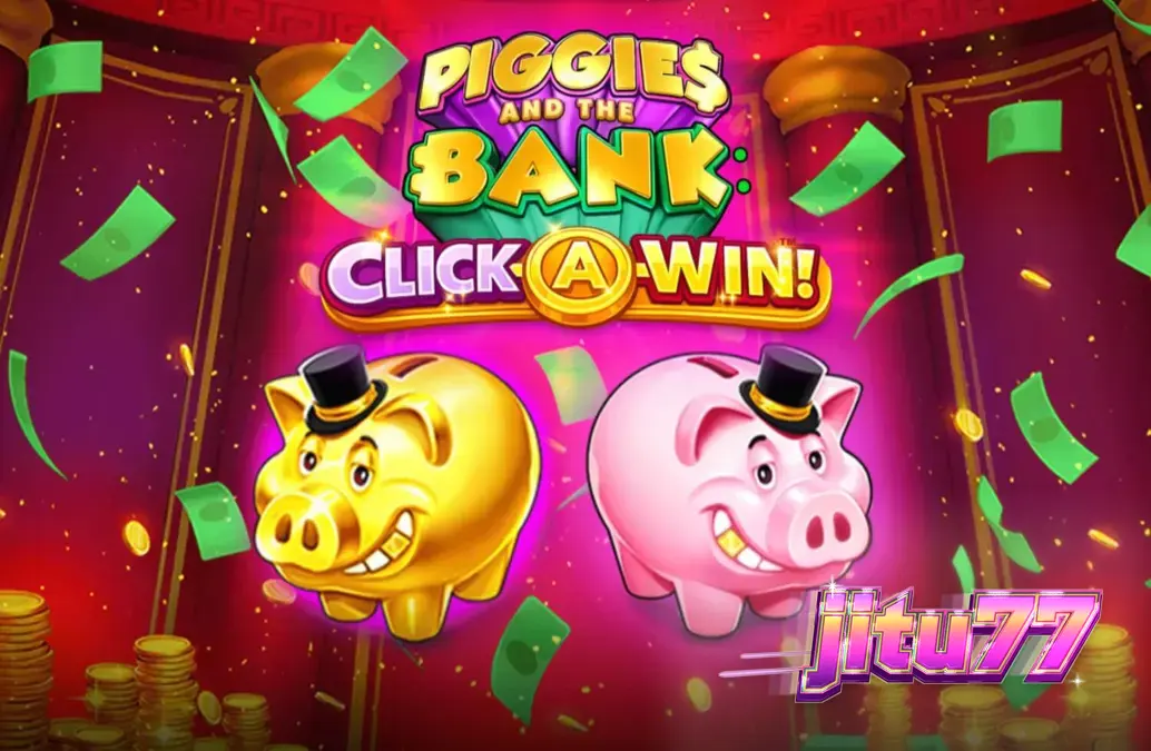 Tampilan visual slot Piggies and the Bank: Click-A-Win dengan tema celengan babi mewah